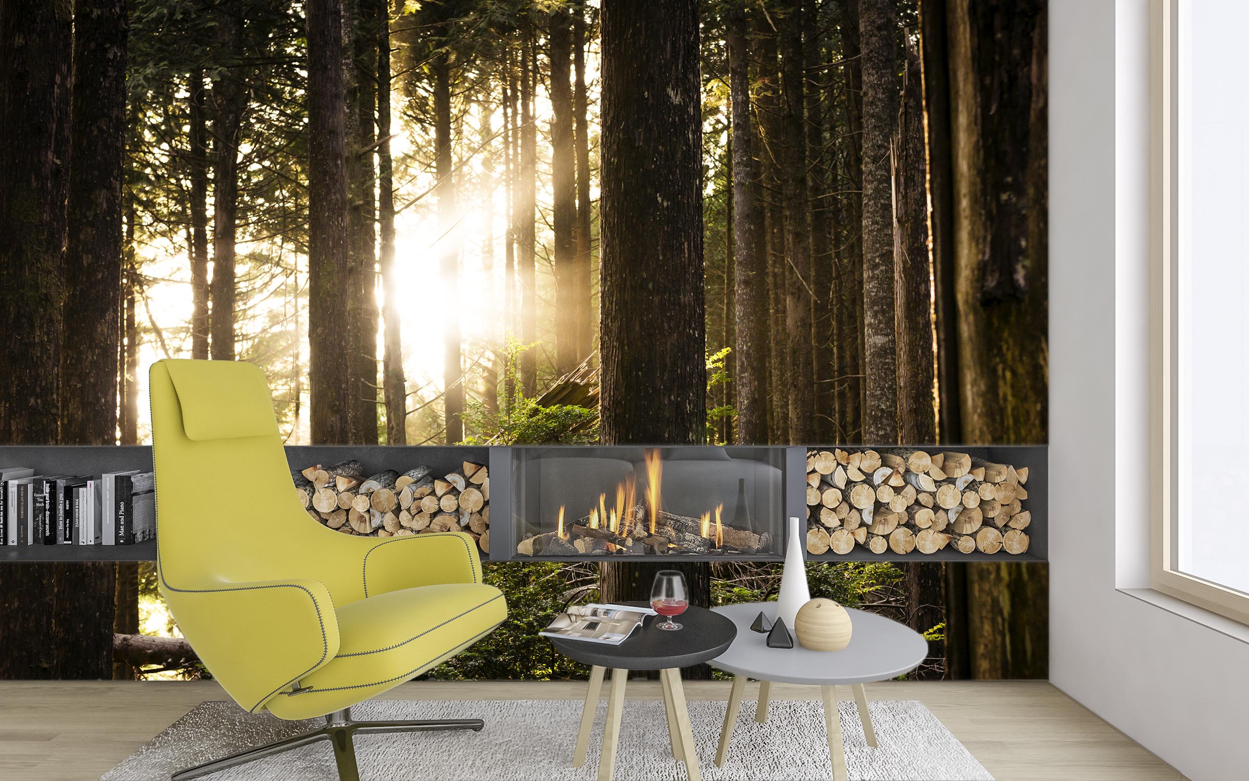 Large format murals of a forest photo in a living room